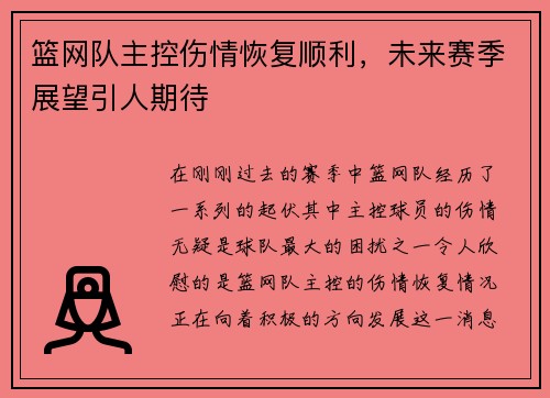 篮网队主控伤情恢复顺利，未来赛季展望引人期待